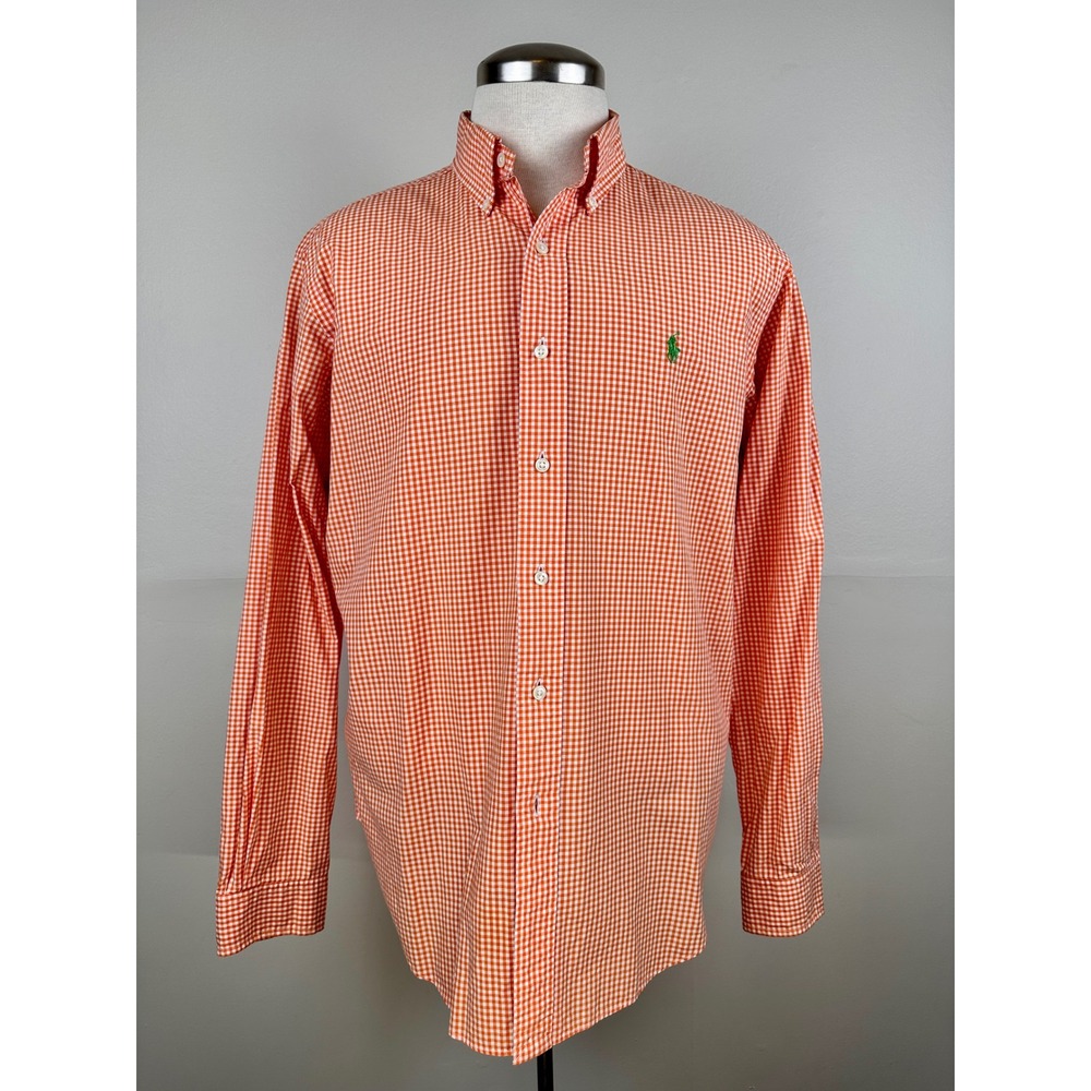 Ralph Lauren Button Down Mens L Orange Excellent Gingham Classic Fit Shirt